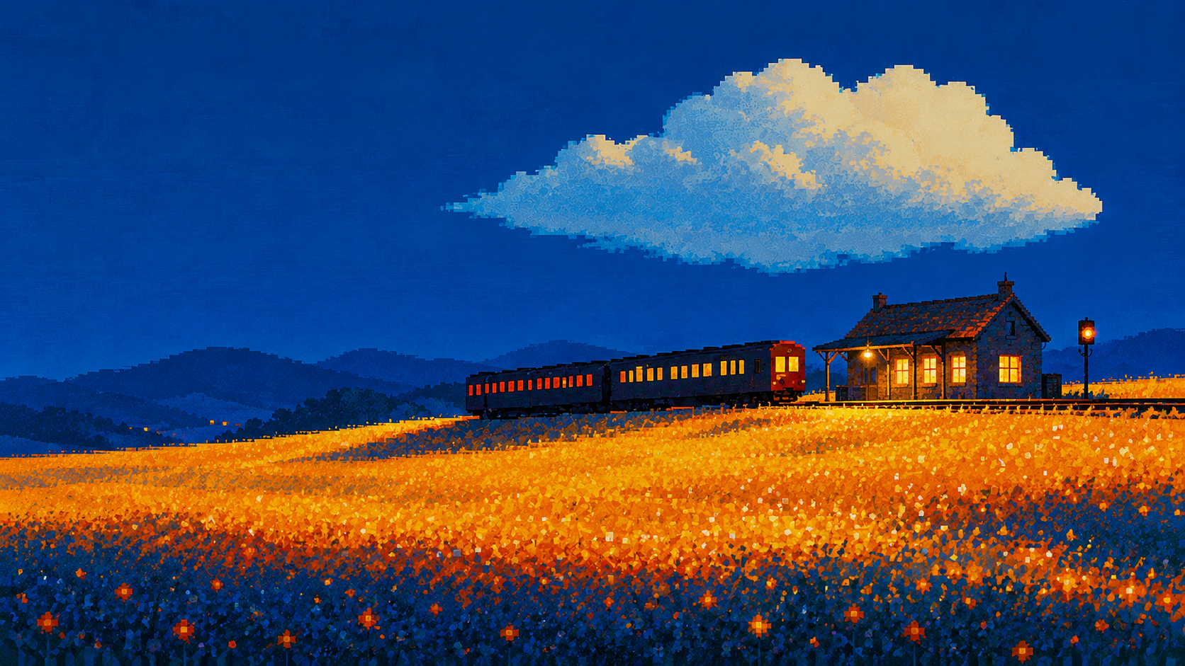 At night, the train waits beside a lit station house with a signal lamp, the golden field glowing below.