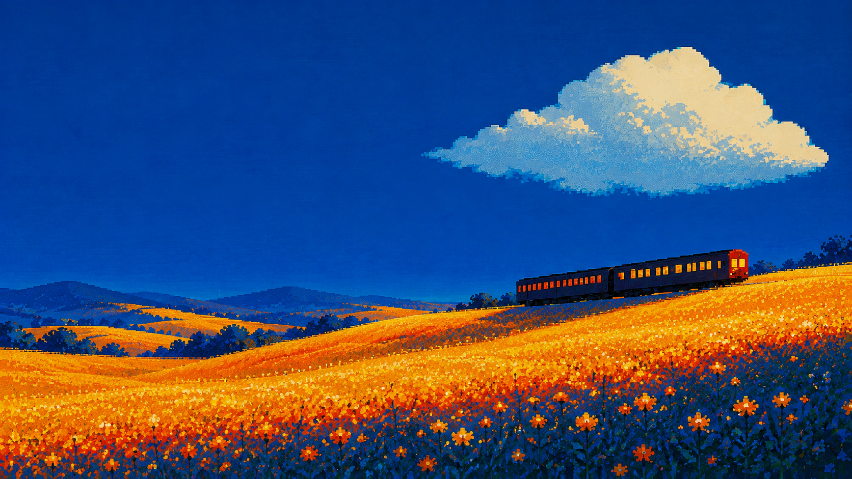 A pixel-art train crosses a golden flower field under a deep blue sky and a single large cloud.
